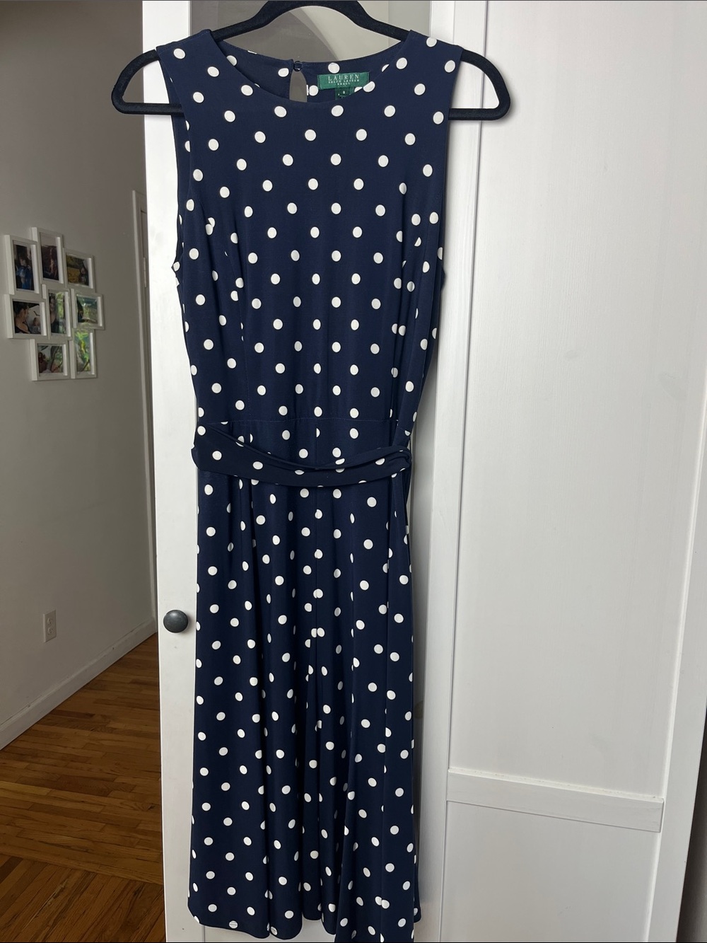 Lauren Ralph Lauren Navy and White Polka Dot Sleeveless Midi Dress